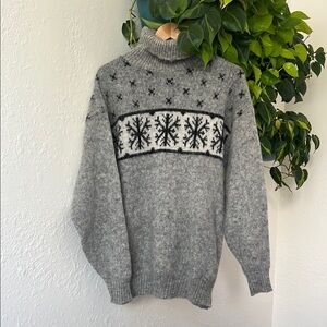 Gray and Black Turtleneck Sweater with Geometric Pattern